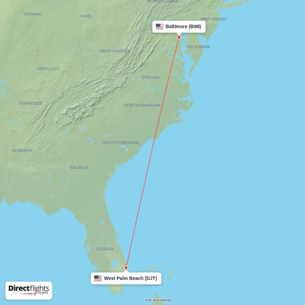 West Palm Beach - Baltimore direct flight map