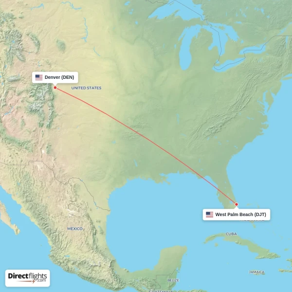West Palm Beach - Denver direct flight map