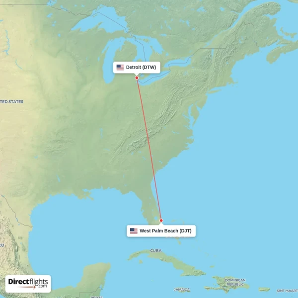 West Palm Beach - Detroit direct flight map