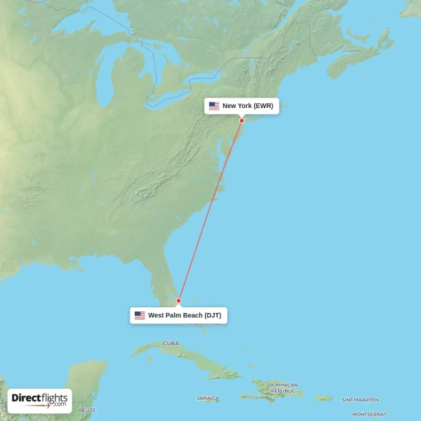 West Palm Beach - New York direct flight map