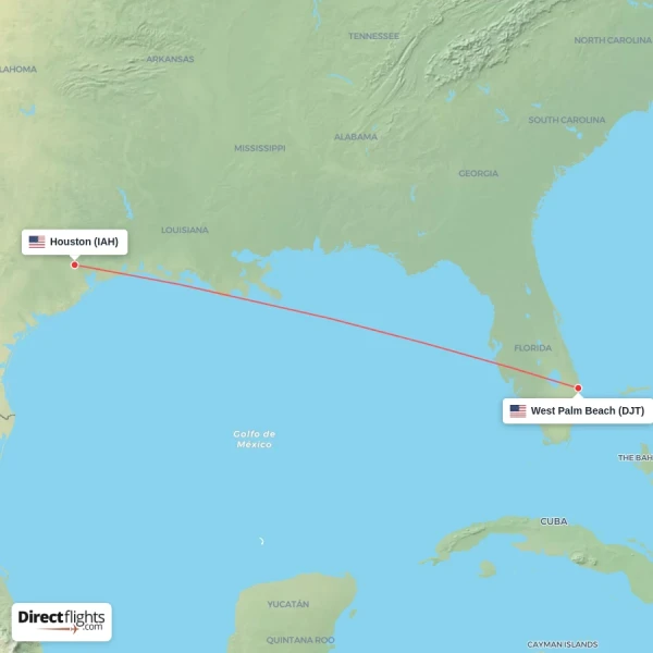 West Palm Beach - Houston direct flight map