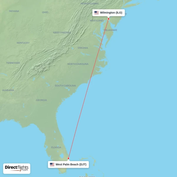 West Palm Beach - Wilmington direct flight map