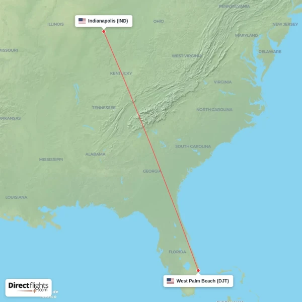 West Palm Beach - Indianapolis direct flight map