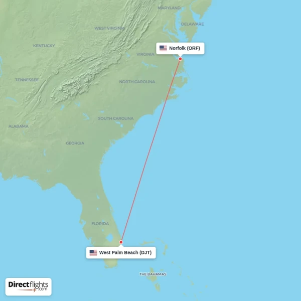 West Palm Beach - Norfolk direct flight map