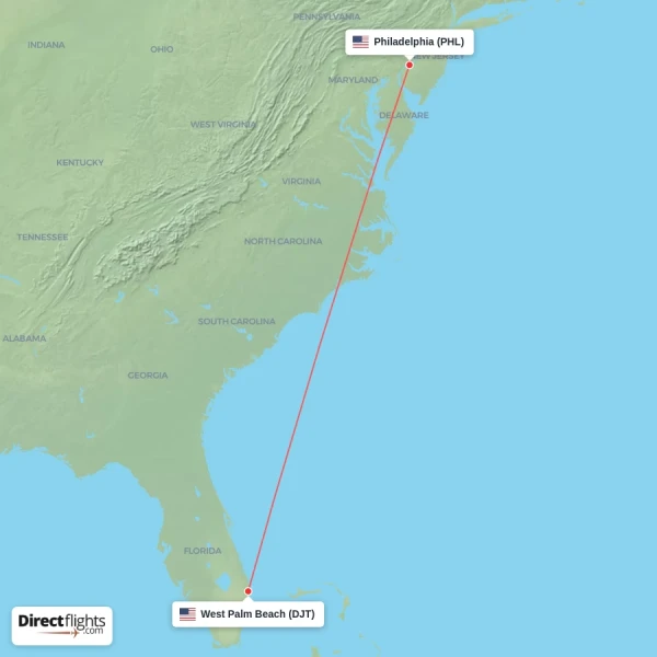 West Palm Beach - Philadelphia direct flight map