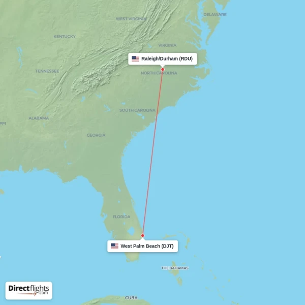 West Palm Beach - Raleigh/Durham direct flight map