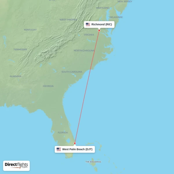 West Palm Beach - Richmond direct flight map