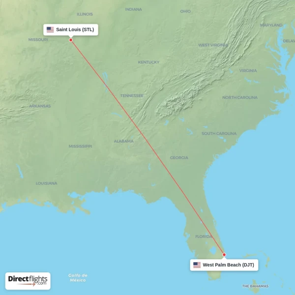 West Palm Beach - Saint Louis direct flight map