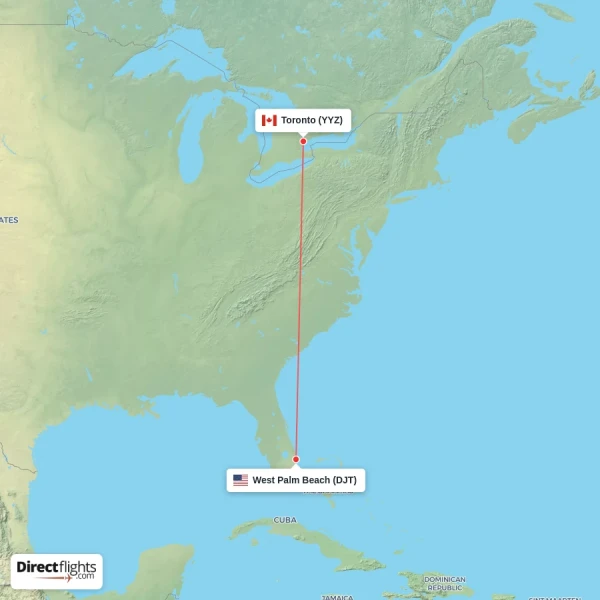 West Palm Beach - Toronto direct flight map