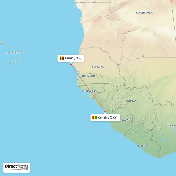 Dakar - Conakry direct flight map