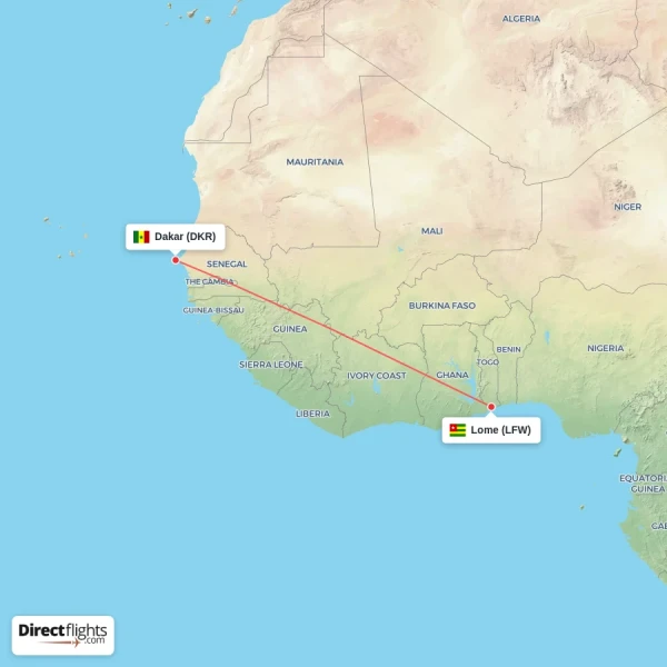 Dakar - Lome direct flight map
