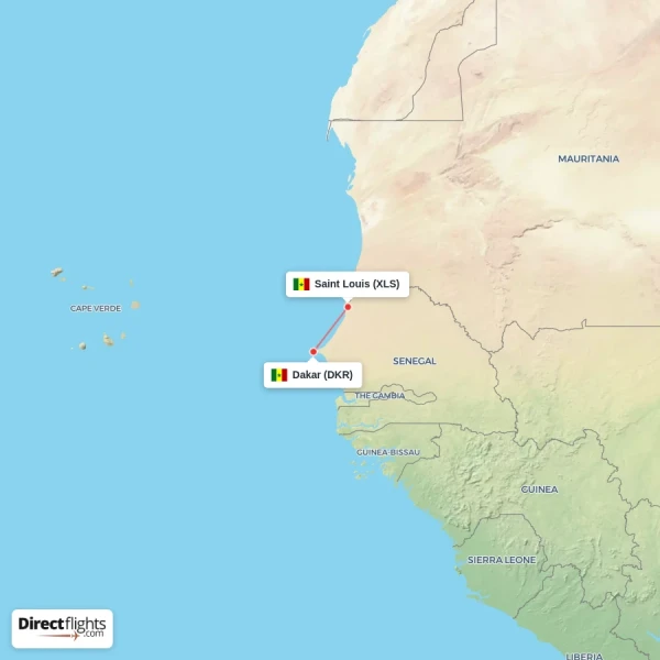 Dakar - Saint Louis direct flight map