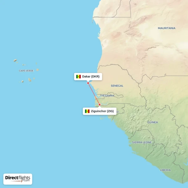 Dakar - Ziguinchor direct flight map