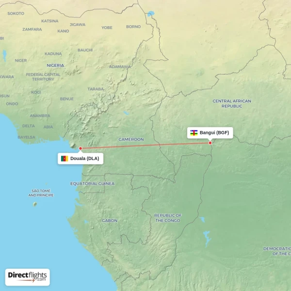 Douala - Bangui direct flight map