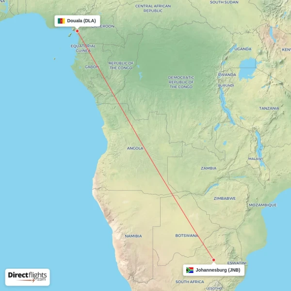 Douala - Johannesburg direct flight map