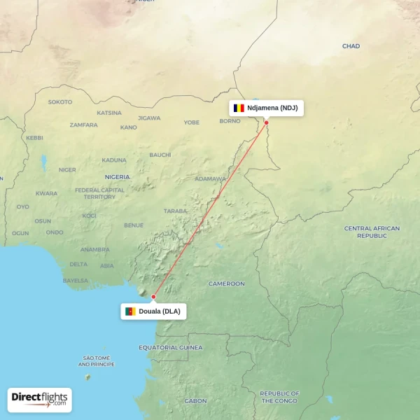 Douala - Ndjamena direct flight map