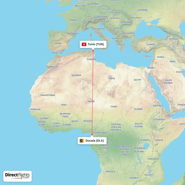 Douala - Tunis direct flight map