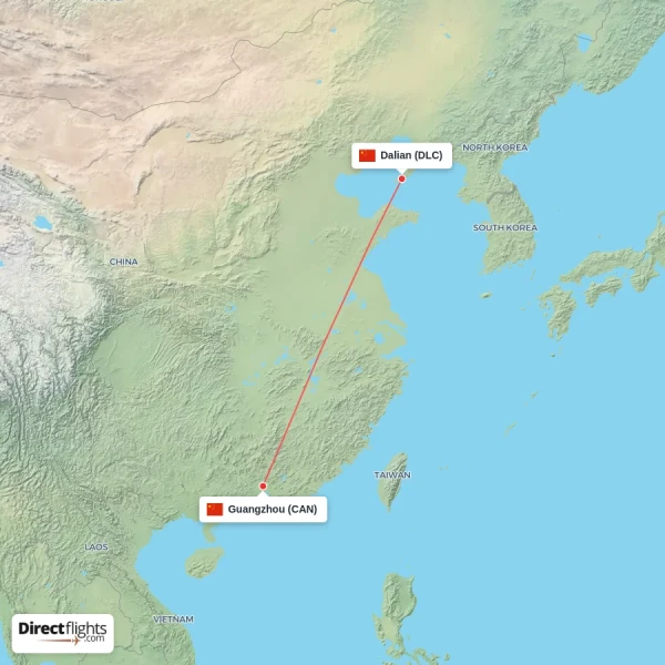 Dalian - Guangzhou direct flight map
