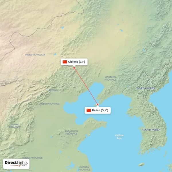Dalian - Chifeng direct flight map