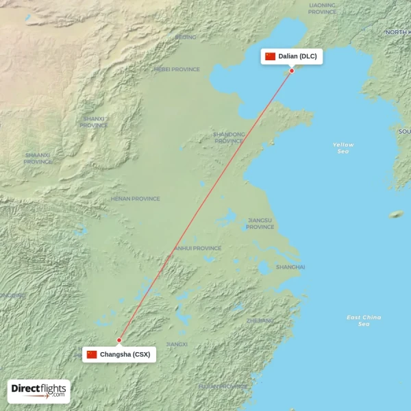 Dalian - Changsha direct flight map