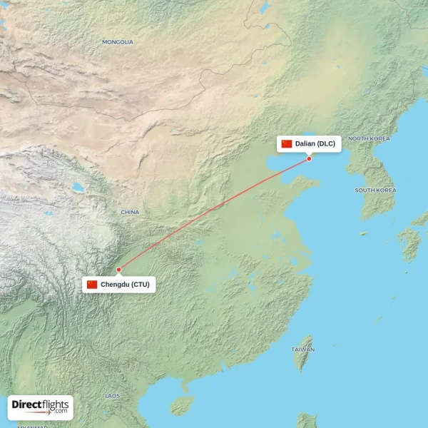 Dalian - Chengdu direct flight map