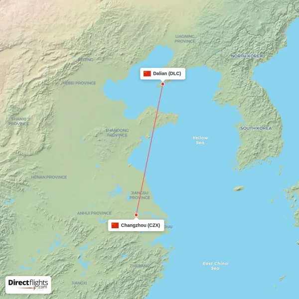 Dalian - Changzhou direct flight map