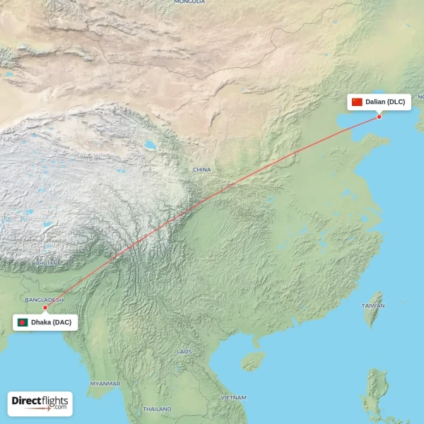 Dalian - Dhaka direct flight map