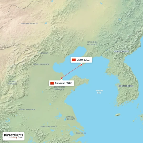 Dalian - Dongying direct flight map