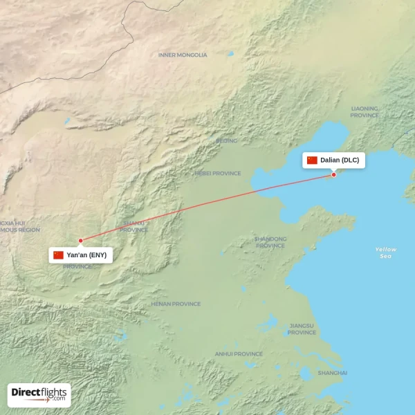 Dalian - Yan'an direct flight map