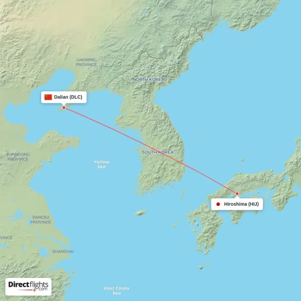 Dalian - Hiroshima direct flight map