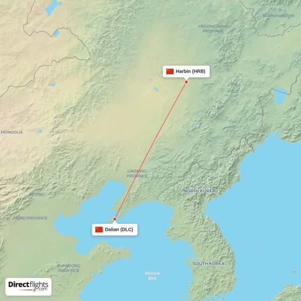 Dalian - Harbin direct flight map