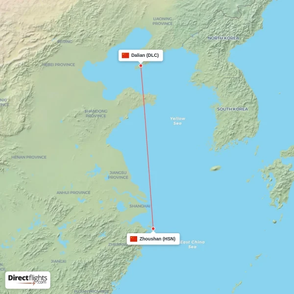 Dalian - Zhoushan direct flight map
