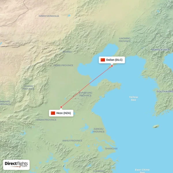 Dalian - Heze direct flight map
