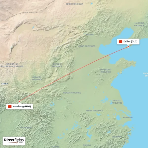 Dalian - Hanzhong direct flight map