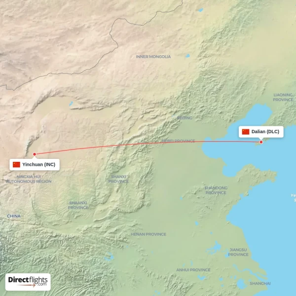 Dalian - Yinchuan direct flight map
