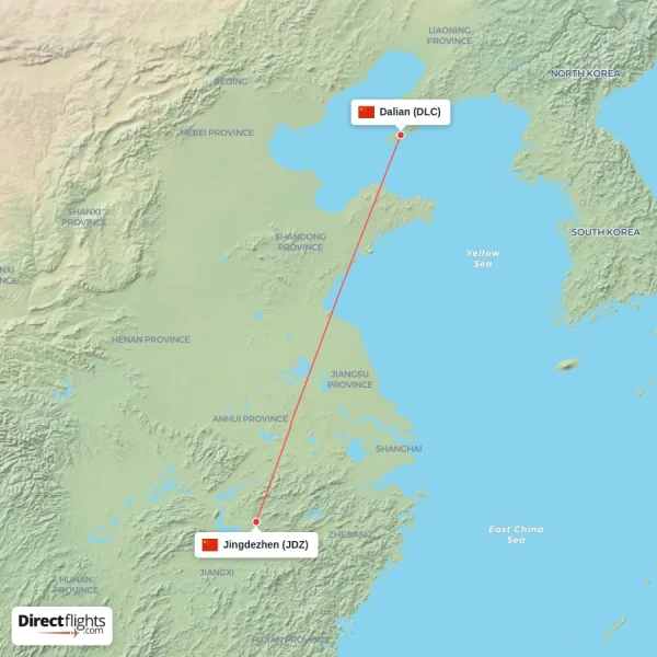 Dalian - Jingdezhen direct flight map