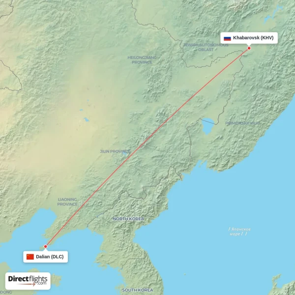 Dalian - Khabarovsk direct flight map