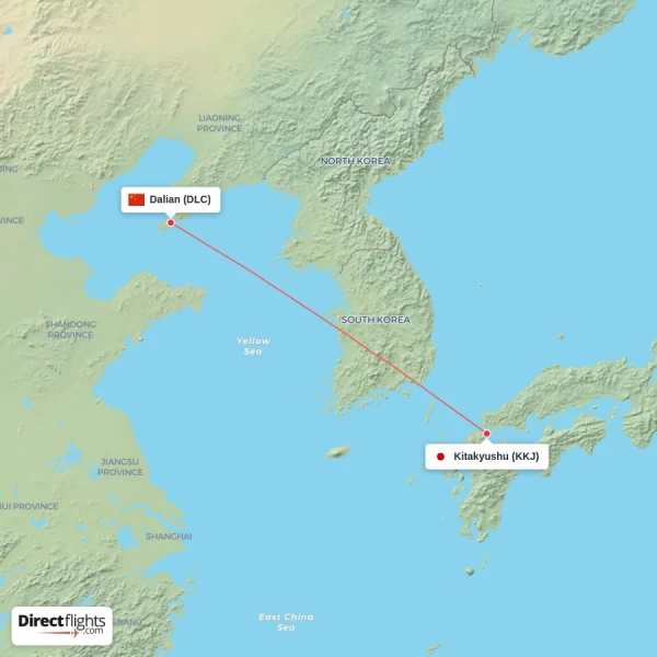 Dalian - Kitakyushu direct flight map