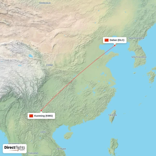 Dalian - Kunming direct flight map