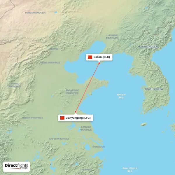 Dalian - Lianyungang direct flight map