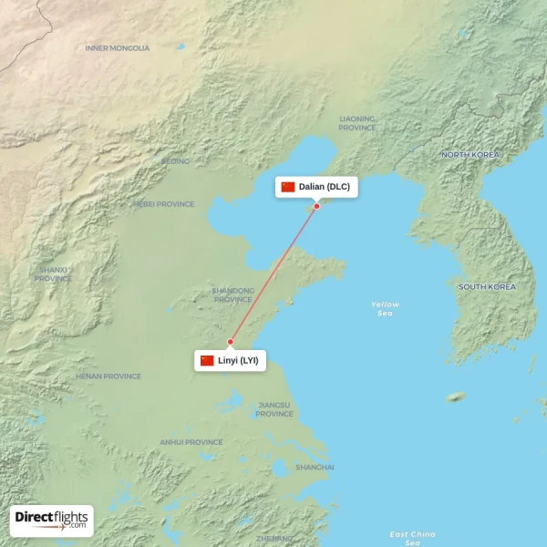 Dalian - Linyi direct flight map