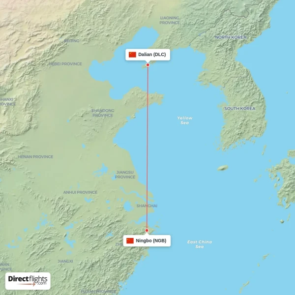 Dalian - Ningbo direct flight map