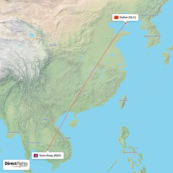 Dalian - Siem Reap direct flight map