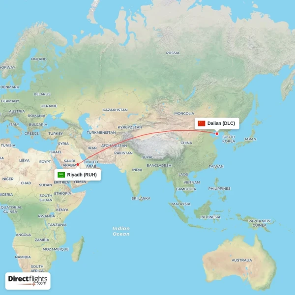 Dalian - Riyadh direct flight map