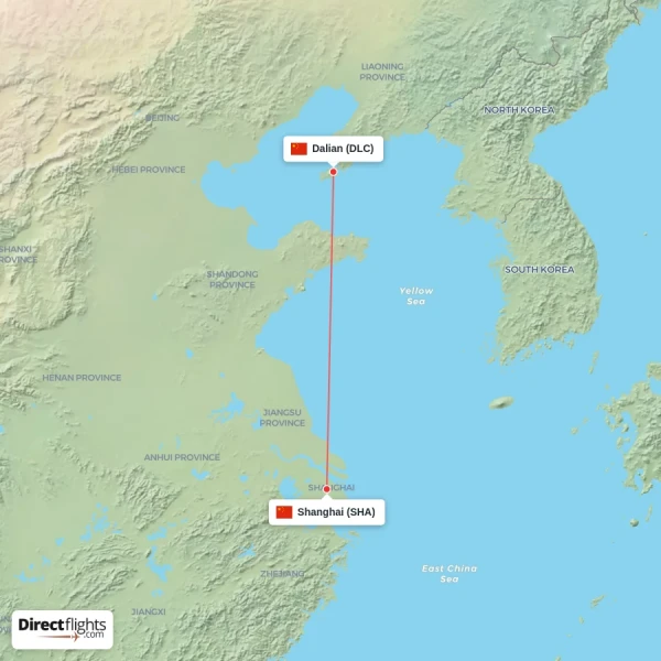 Dalian - Shanghai direct flight map