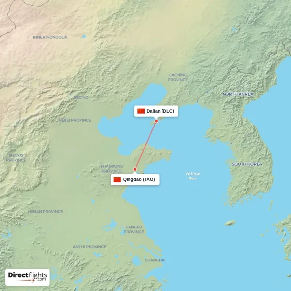 Dalian - Qingdao direct flight map