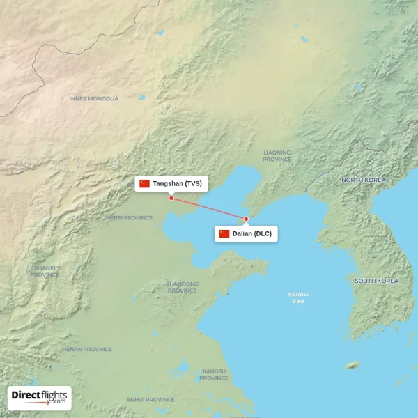 Dalian - Tangshan direct flight map