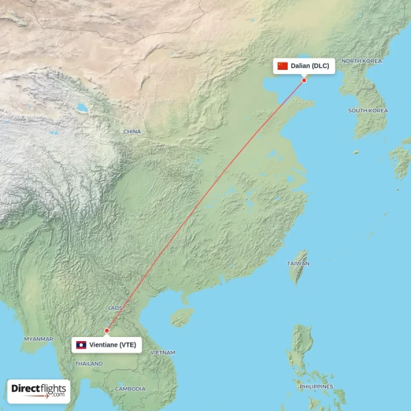 Dalian - Vientiane direct flight map
