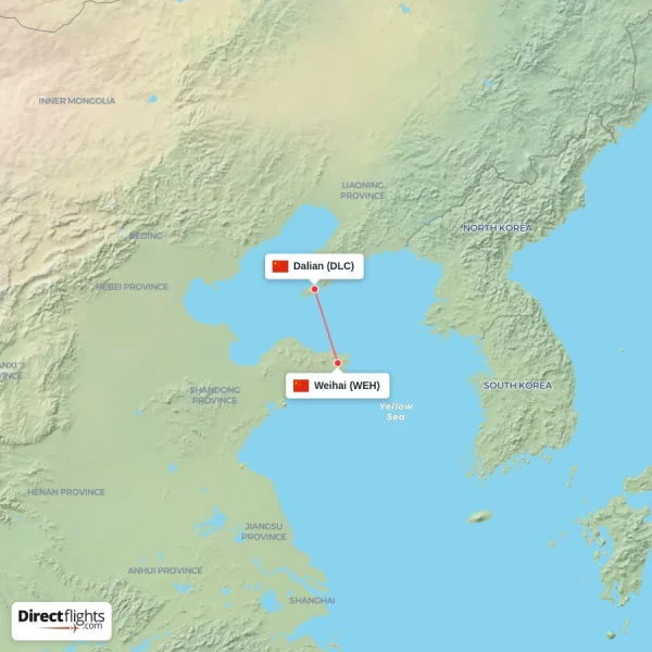 Dalian - Weihai direct flight map