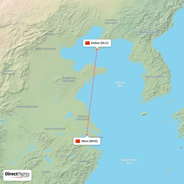 Dalian - Wuxi direct flight map